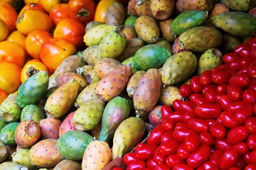 food market display with cactus pear