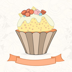 Hand drawn background of doodle style cupcakes