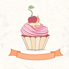 Hand drawn background of doodle style cupcakes