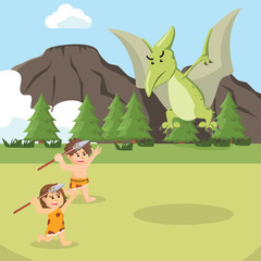cave man and cave woman attacking pteranodon