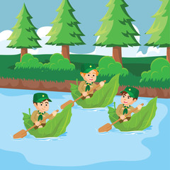 Obraz na płótnie Canvas group of boy scout riding giant leaf boat