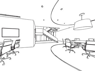 interior outline sketch drawing perspective of a space office