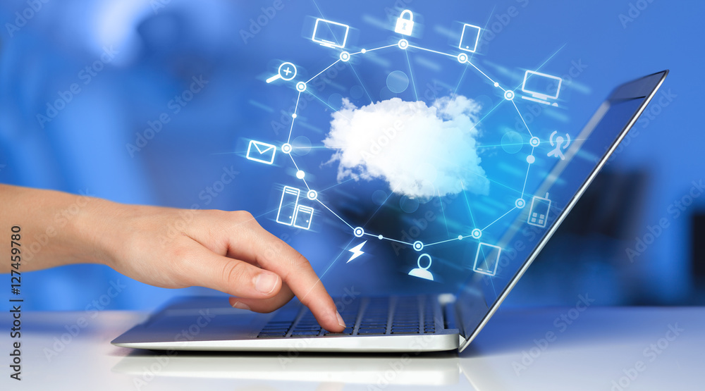 Aufkleber hand working with a cloud computing diagram