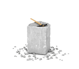 Rendering big rectangular block of gray rock, its chips and pick isolated on white background.