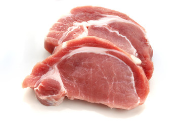 Raw meat, pork, slices pork on a white background