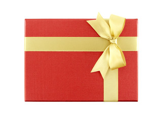 red gift box with elegance gold ribbon bow isolated on white, flat lay top view