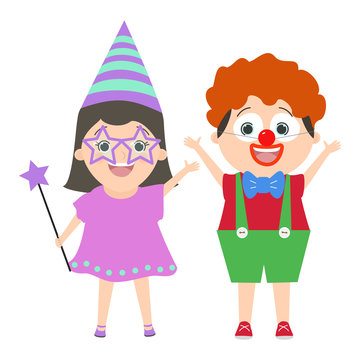 Children in carnival clown costume and a fairy. Vector cartoon