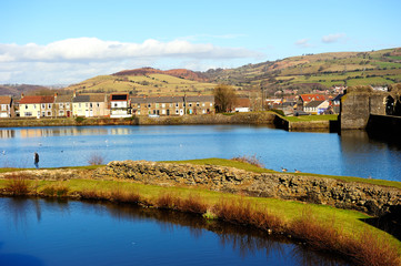 Obraz premium Small town community around Caerphilly Castle, Cardiff, Wales,UK