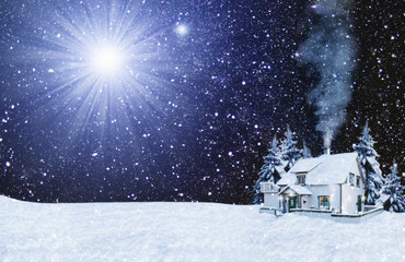 Christmas card. Night, the house, the starry sky, snow background. Copy space. 