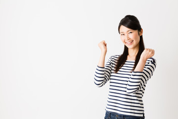 portrait of young asian woman cheering isolated on white background