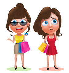 Woman vector characters set holding shopping bags and credit card wearing fashionable dress with happy smile and thinking idea in white background. Vector illustration.
