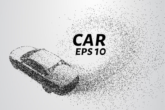 Car from the particles. Car crumbles into small dots and circles.