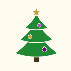 Christmas tree with balls, star. Cartoon icon. Green silhouette decoration sign, isolated on white background. Flat design. Symbol of holiday, Christmas, New Year celebration. Vector illustration