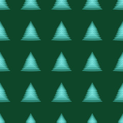 Merry Christmas and Happy New Year. Christmas tree on a green background. spruce in a row. abstract bells. seamless pattern.