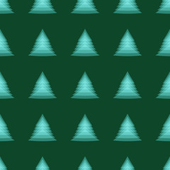 Merry Christmas and Happy New Year. Christmas tree on a green background. spruce in a row. abstract bells. seamless pattern.