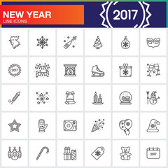 Happy New Year line icons set, outline vector symbol collection, linear pictogram pack isolated on white, logo illustration