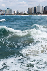 Stormy Mediterranean sea at Tel Aviv, Israel.