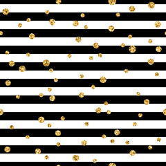Gold polka dot on lines seamless pattern background. Golden foil confetti. Black and white stripes. Christmas glitter design decoration for card, wallpaper, wrapping, textile. Vector Illustration © alona_s