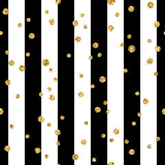 Gold Tupfen auf Linien nahtlose Muster Hintergrund. Konfetti aus goldener Folie. Schwarze und weiße Streifen. Weihnachtsglitzer-Designdekoration für Karten, Tapeten, Verpackungen, Textilien. Vektorillustration