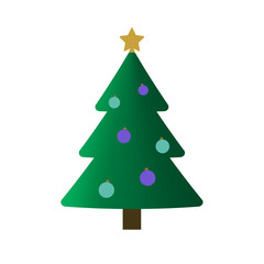 Christmas tree with balls, star. Cartoon icon. Green silhouette decoration sign, isolated on white background. Flat design. Symbol of holiday, Christmas, New Year celebration. Vector illustration