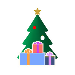 Christmas tree with balls, star, gift. Cartoon icon. Green silhouette decoration sign, isolated on white background. Flat design. Symbol holiday, Christmas, New Year celebration Vector illustration