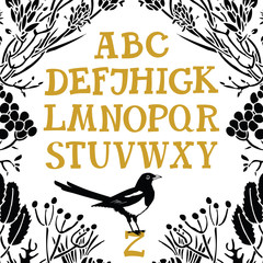 Alphabet Serif font Floral frame and Magpie
