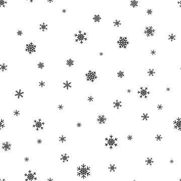 Snowflake simple seamless pattern. Black snow on white background. Abstract wallpaper, wrapping decoration. Symbol of winter, Merry Christmas holiday, Happy New Year celebration Vector illustration