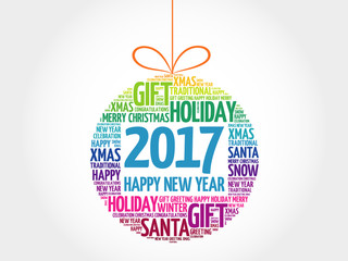 Fototapeta na wymiar Happy New Year 2017, Christmas ball word cloud, holidays lettering collage
