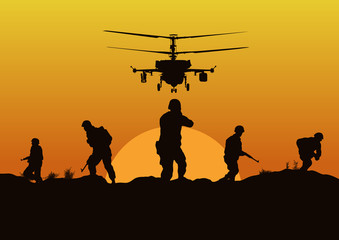 Fototapeta na wymiar Illustration, the soldiers going to attack and helicopters.