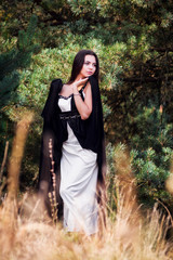 Naklejka premium Graceful charming brunette model posing in black dress in coniferous park