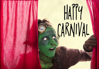Grüner Goblin hinter Vorhang, Text Happy Carnival