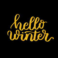 Obraz premium hand written phrase about winter. Golden Lettering on black isolated background. gold ink quote for your overlay and card design.