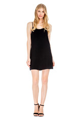 Fashion photo of young magnificent woman wearing fashionable summer clothes