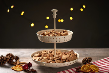 Christmas Cookie Etagere with moody light and background Illumination