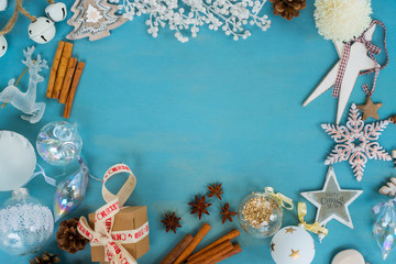 Blue and white christmas - styled christmas frame flat lay style with copy space, top view