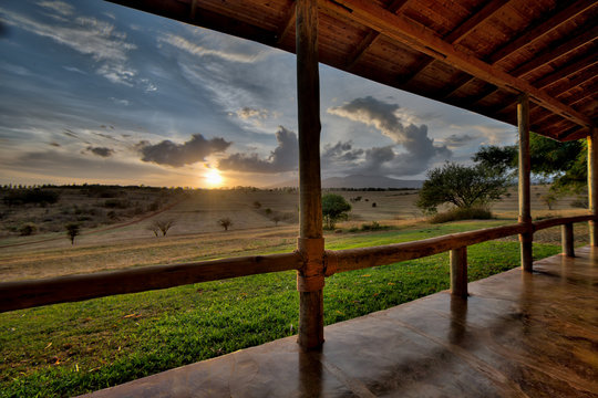 Amazing view from a wooden porch of a luxury lodge in Tanzania