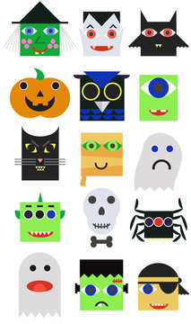 A set of 15 modern cartoon style cute characters for Halloween: vampire, witch, monster, zombie, mummy, bat, cat, pirat, devil, frankenstein, ghost, mask, owl, pumpkin, skull, spider.