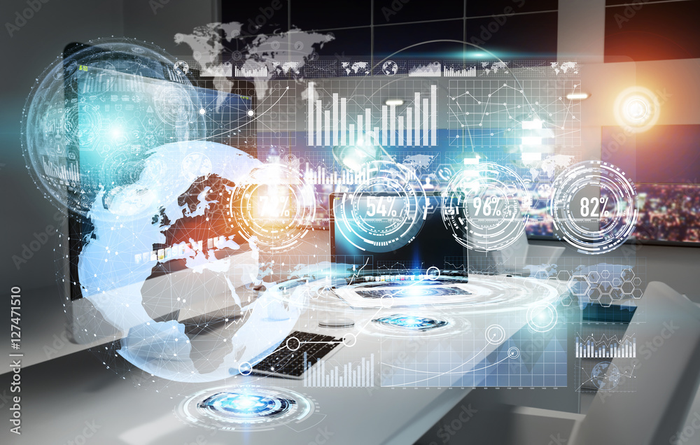 Poster workplace with modern devices and hologram screens 3d rendering