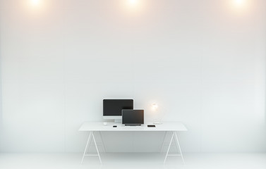 Modern white desk office interior with computer and devices 3D r
