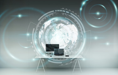 Workplace with modern devices and hologram screens 3D rendering