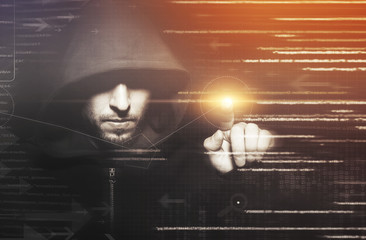 hacker at work with graphic user interface around