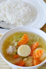 rice eat with boiled Chinese cabbage and egg tofu soup low fat meal