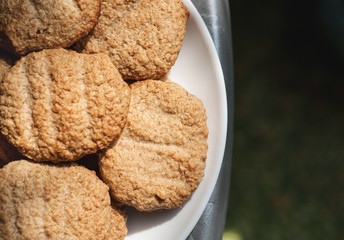 Homemade oatmeal cookies on table