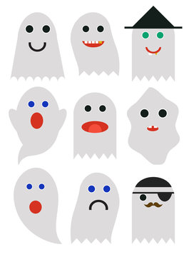 Set of cute cartoon Halloween Ghosts, Halloween night, Ghost silhouette for your design isolated on background. Ghosts emoticon halloween set..