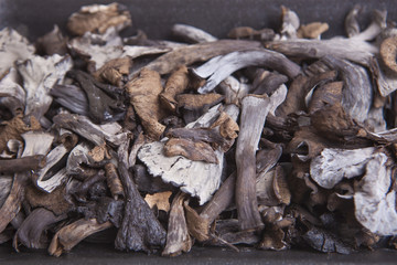 Black polythene tray full of Horn of Plenty mushrooms