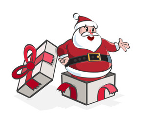 Very Happy Santa Claus Cartoon with a Present in a Gift. Isolated Vector Elements. White Background.