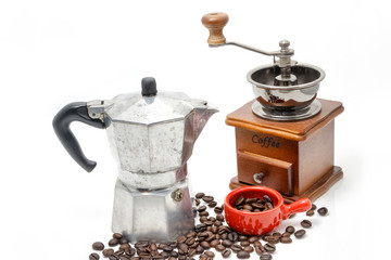 Cup of coffee with coffe maker on white backround