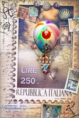 Fototapeten Einbildung Altmodische Postkarte und Briefmarke mit Heißluftballon  © Rosario Rizzo