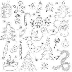Hand Drawn Funny Doodle Christmas Sketch Set. Children Drawings of  Fir Trees, Gifts, Candle, Sweets, Angel, Stars and Snowflakes. Perfect for festive design. Vector illustration.