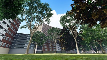 Green city park in sunny and beautiful summer day 3d rendering